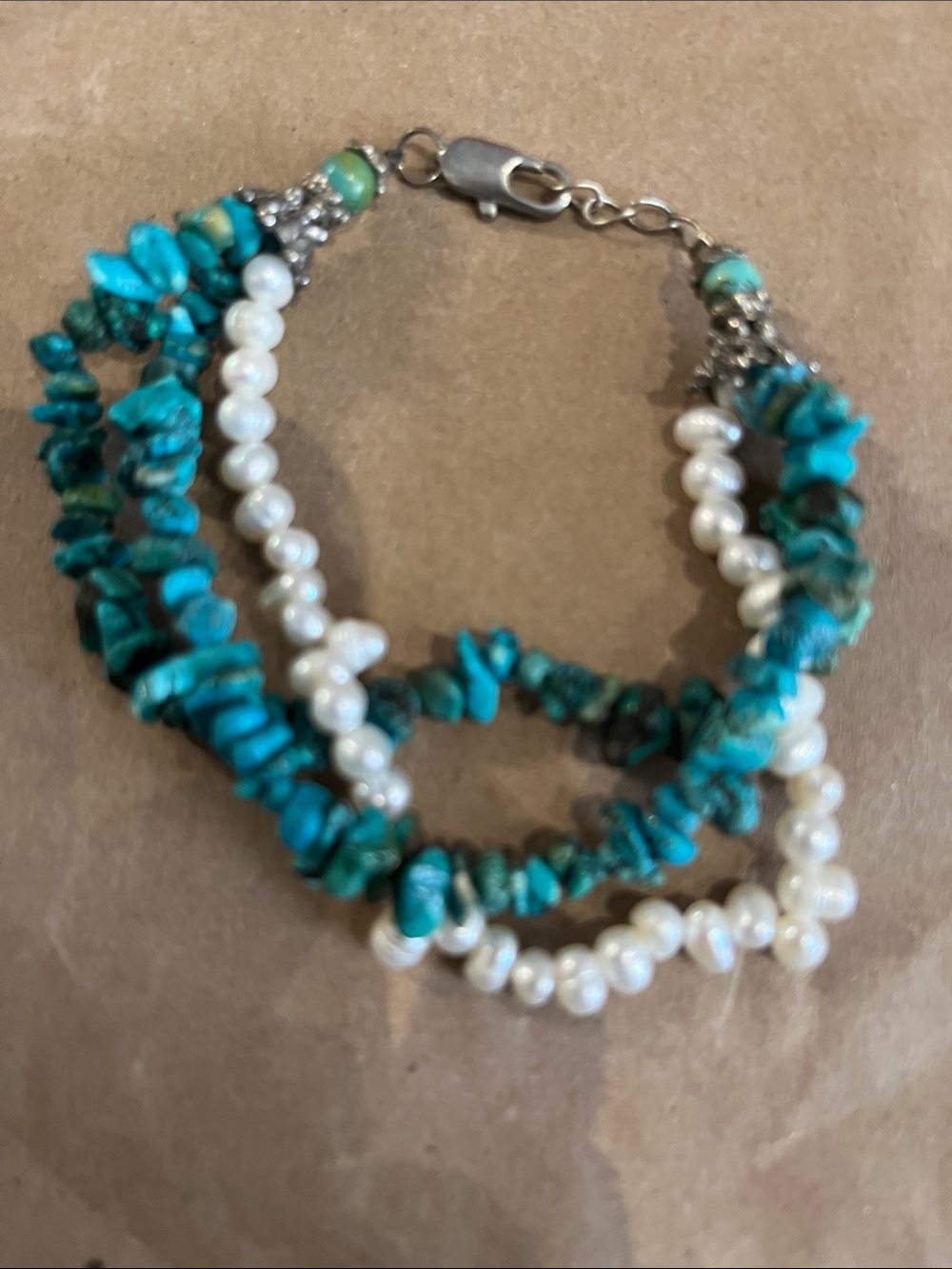 Turquoise nuggets and White freshwater pearl Multi-Strand Bracelet